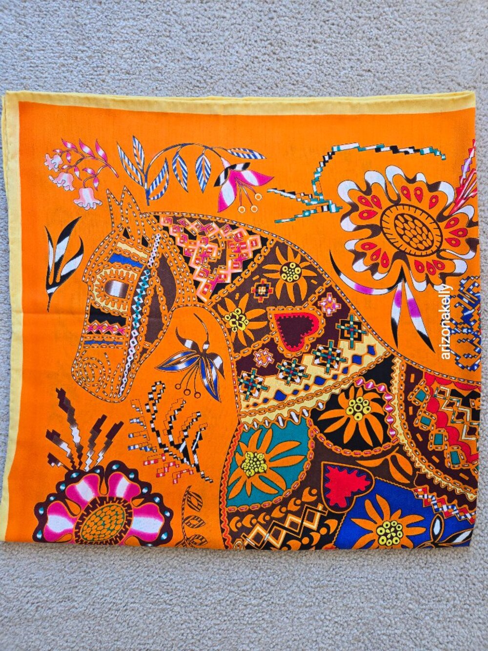 HUGE Cashmere & Silk Scarf Stole Hand-Rolled Hem Vibrant Colors Horse Equestrian - Picture 12 of 12
